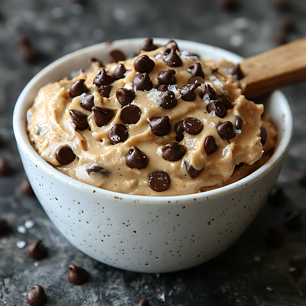 creamy high protein edible cookie dough with chocolate chips in a white bowl, perfect for healthy snacking
