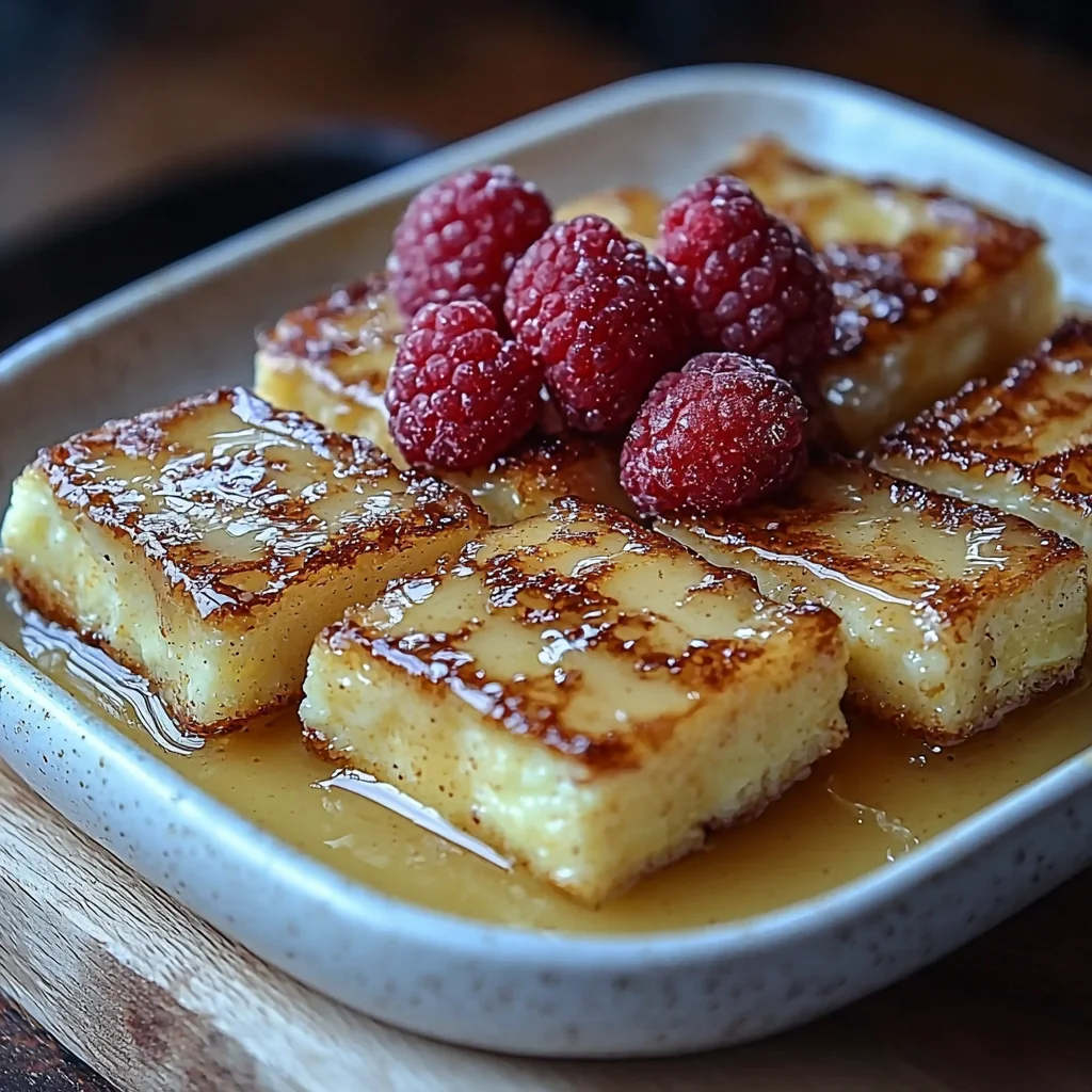 golden brown high protein french toast sticks dusted with cinnamon sugar on a white plate with maple syrup drizzle