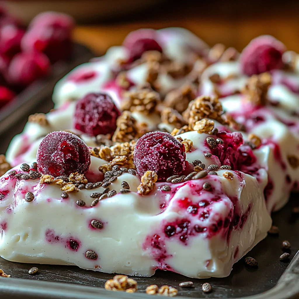 creamy high protein frozen yogurt bark with colorful toppings on a white ceramic dish
