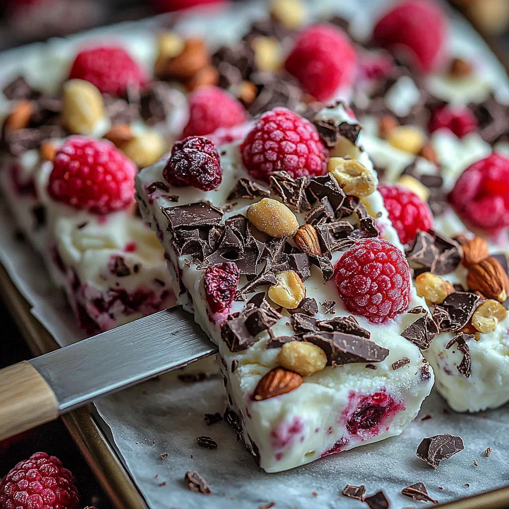 creamy high protein frozen yogurt bark with swirls of peanut butter and dark chocolate chunks on a white ceramic plate