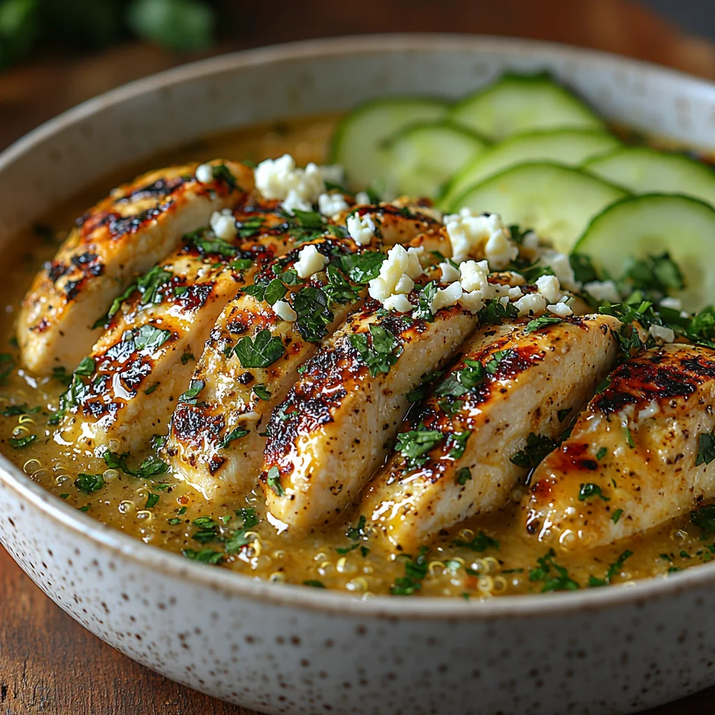 high protein Greek chicken bowl with roasted potatoes, creamy tzatziki sauce, and fresh herbs, served in a white ceramic dish