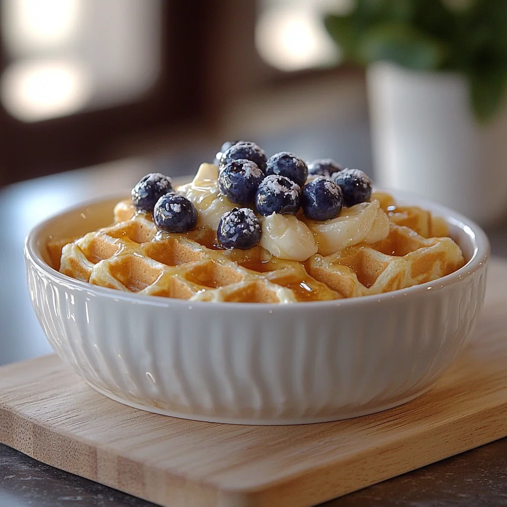 golden high protein Greek yogurt waffles with crispy edges, drizzled with syrup and topped with fresh berries