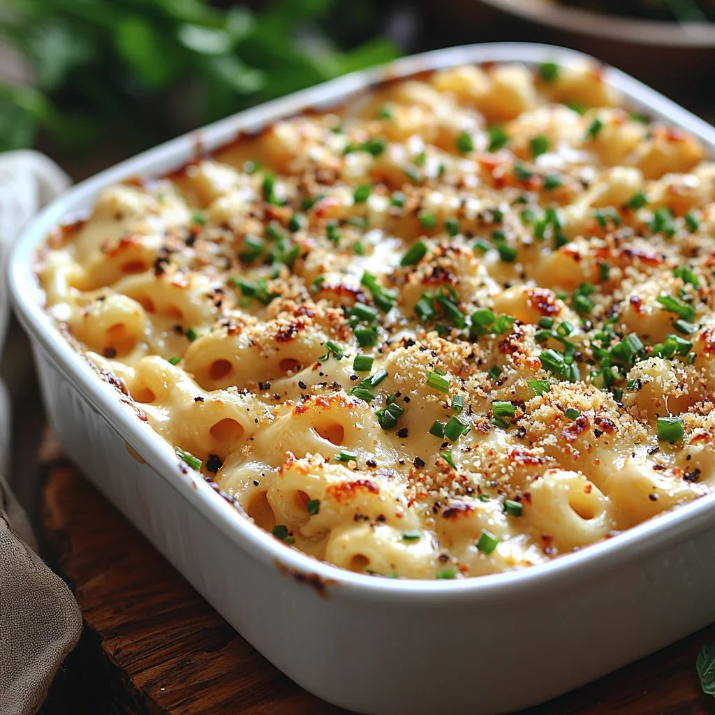 creamy high protein mac and cheese with golden crust in white ceramic dish, topped with fresh herbs