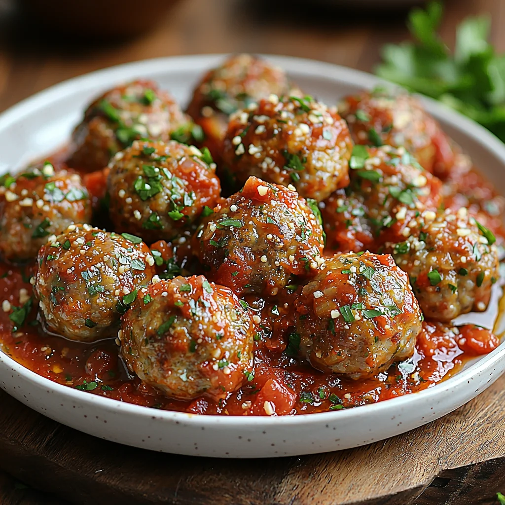 juicy high protein meatballs in rich tomato sauce with fresh herbs sprinkled on top