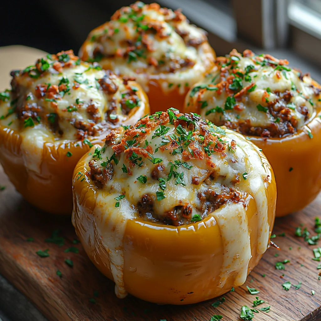 golden roasted stuffed peppers overflowing with melted cheese and savory Philly steak filling