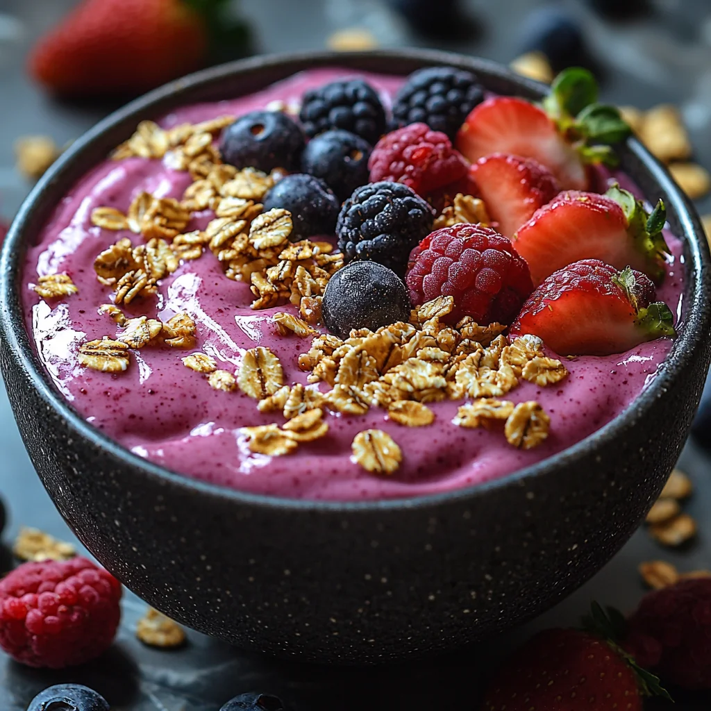 Closeup of High Protein Smoothie Bowl with creamy texture, fresh berries, and nuts on top
