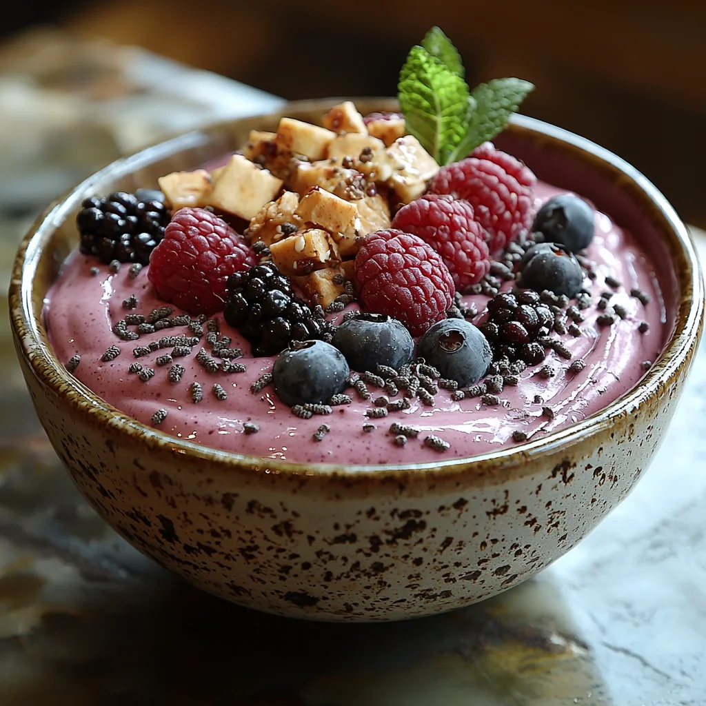 High Protein Smoothie Bowl with creamy sauce, golden edges, and fresh herbs in elegant white dish