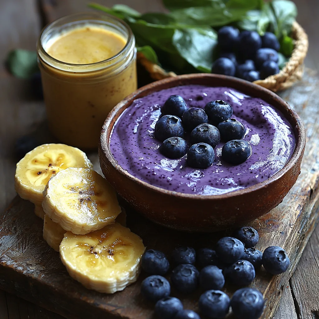 Fresh smoothie bowl ingredients arranged beautifully - frozen berries, protein powder, banana slices, and chia seeds