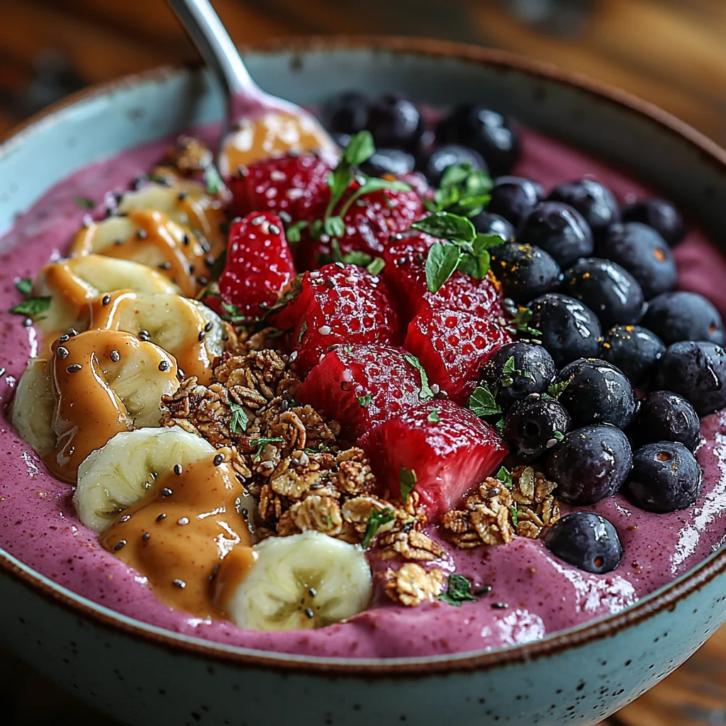 High protein smoothie bowl with creamy purple base topped with fresh berries, granola, and coconut flakes in white bowl