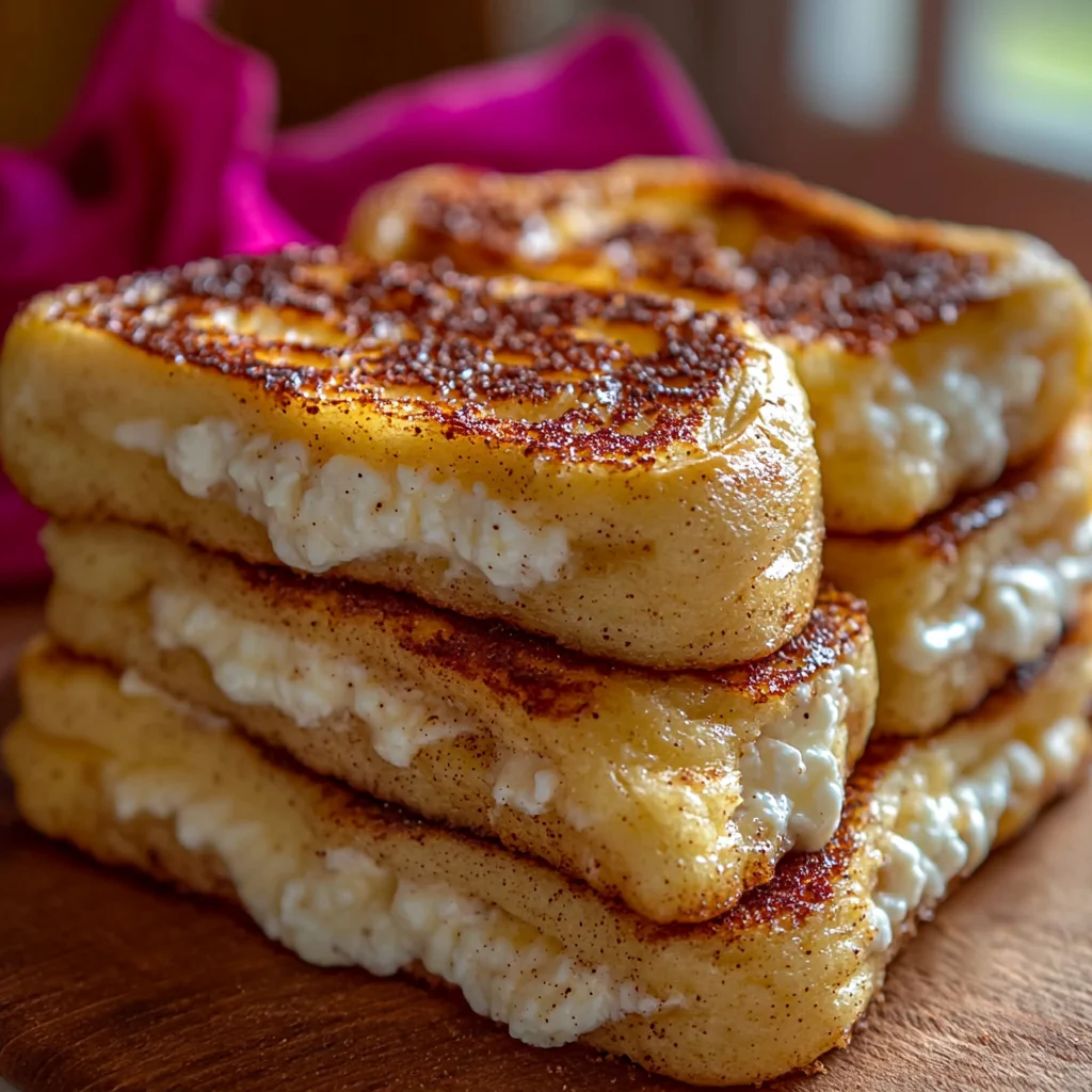 closeup of high protein stuffed French toast with creamy filling and golden edges, topped with fresh herbs