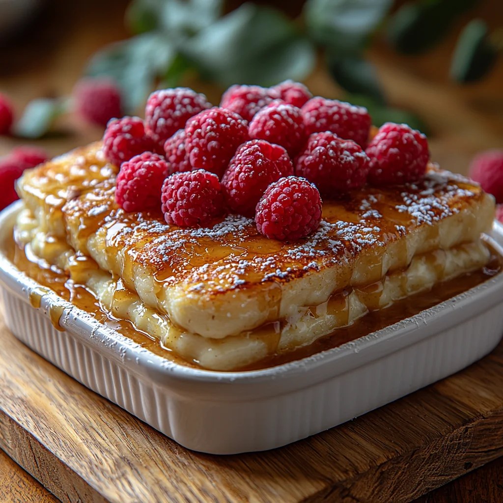 golden high protein stuffed French toast with creamy filling oozing out, topped with fresh berries and powdered sugar
