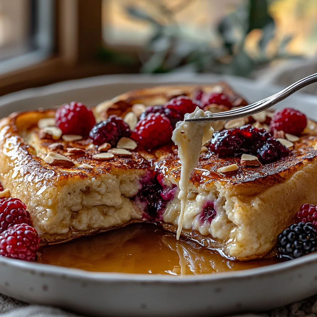 Golden brown high protein stuffed French toast with creamy filling oozing out, topped with fresh berries and powdered sugar