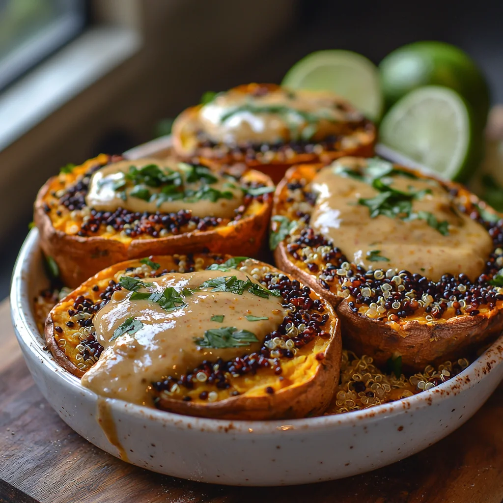 golden roasted high protein stuffed sweet potatoes with creamy sauce dripping, fresh herbs, and vibrant colors