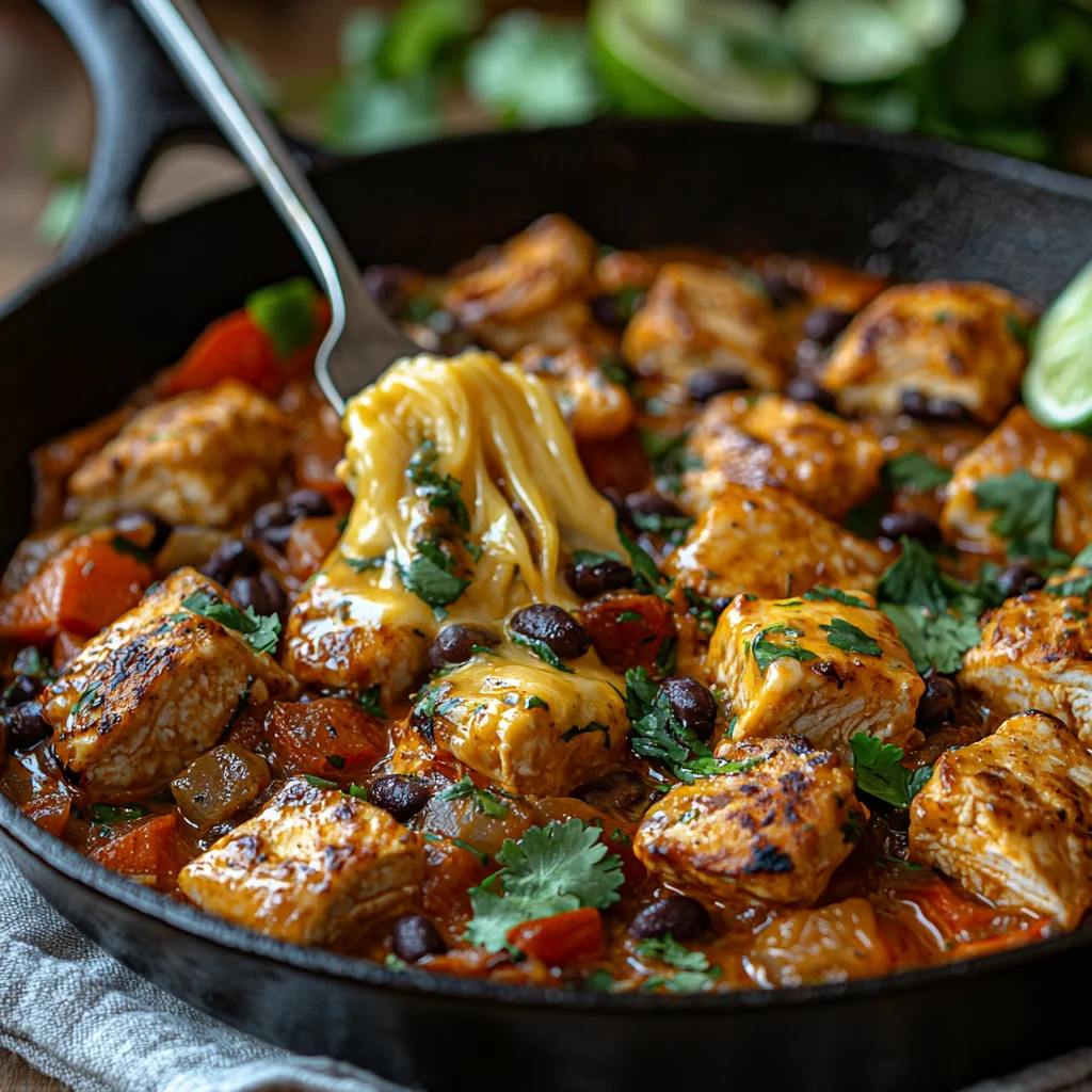 high protein taco skillet with creamy sauce coating roasted potatoes and fresh herbs sprinkled on top