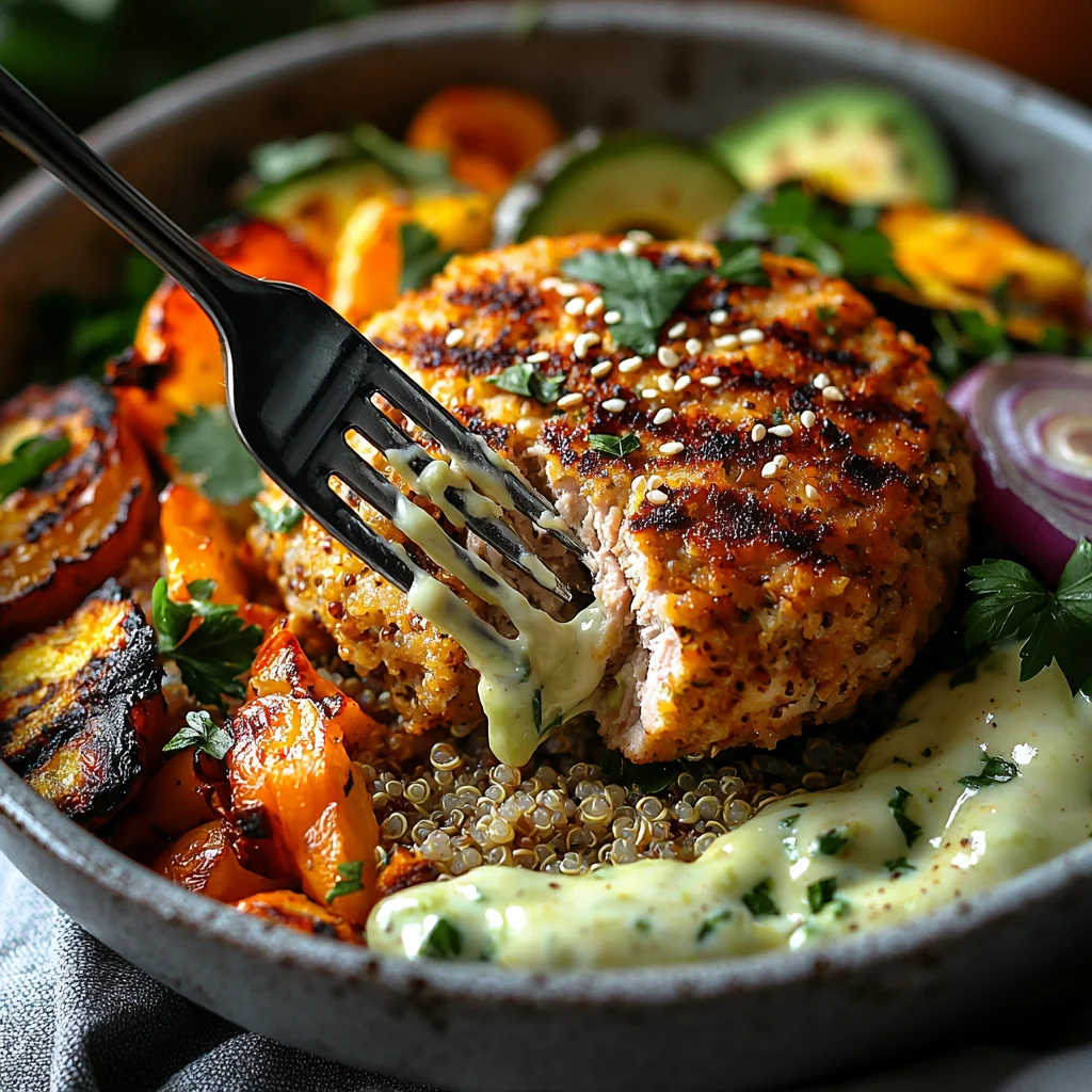 juicy high protein turkey burger bowl with creamy sauce, roasted potatoes, and fresh herbs on a white ceramic dish