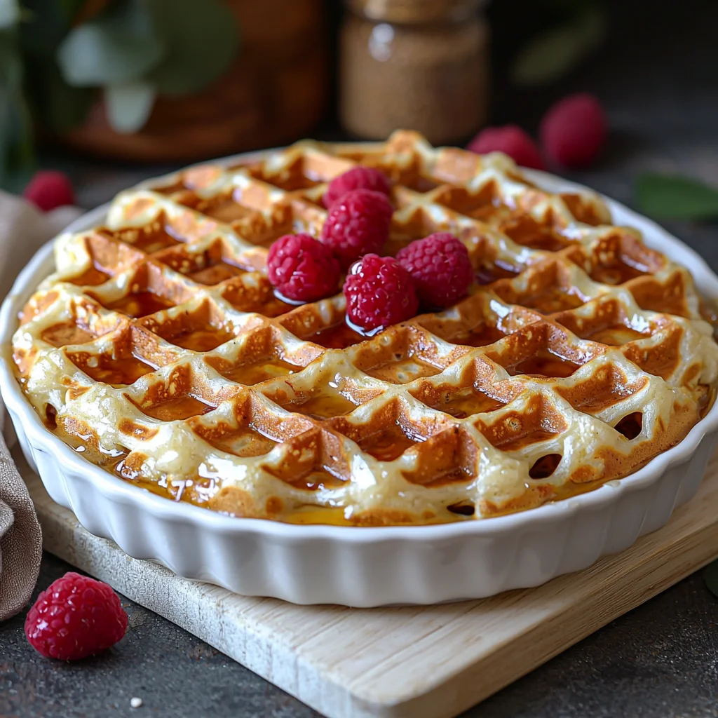 golden fluffy high protein waffle with crispy edges, topped with fresh berries and drizzled with maple syrup