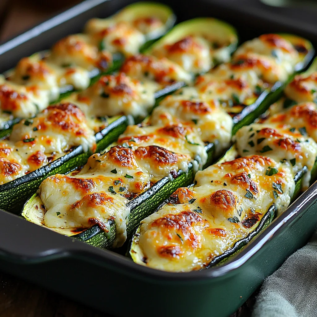closeup of high protein zucchini boats with creamy sauce, golden edges, and fresh herbs