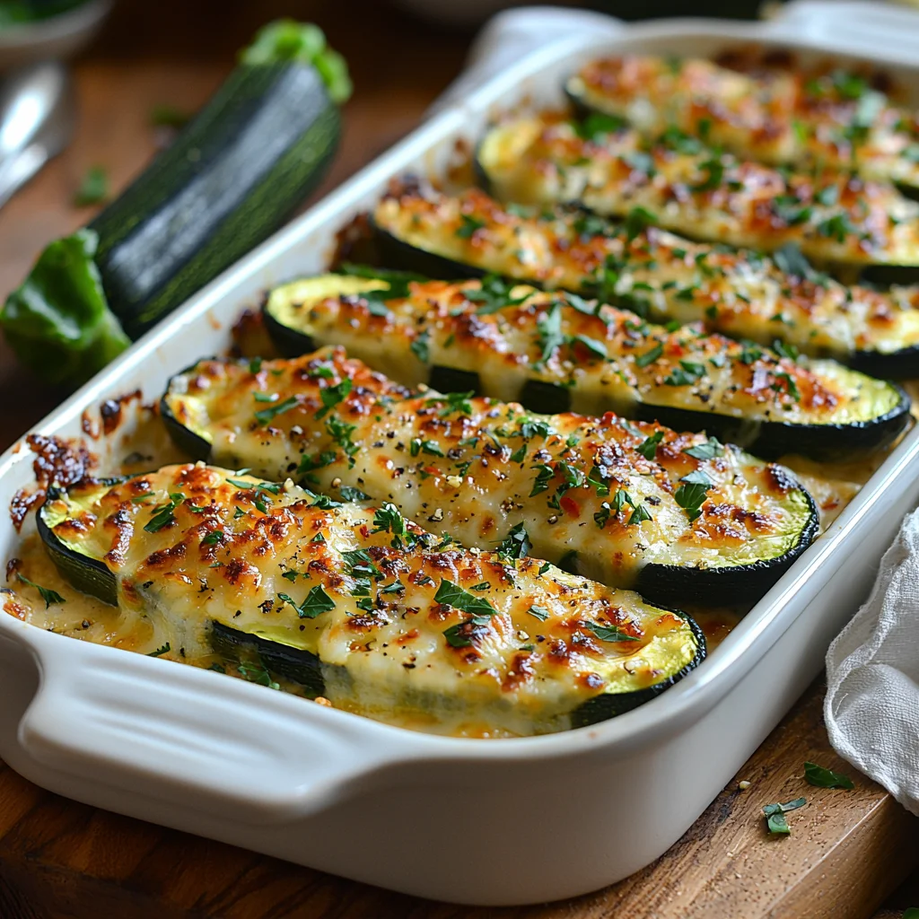 golden roasted zucchini boats filled with creamy high-protein filling, topped with fresh herbs