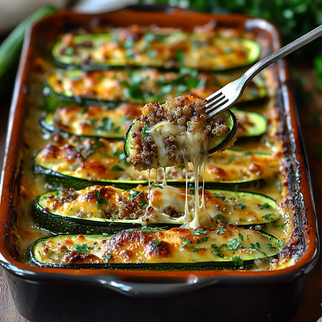 high protein zucchini boats with creamy sauce, roasted edges, and fresh herbs in a white ceramic dish