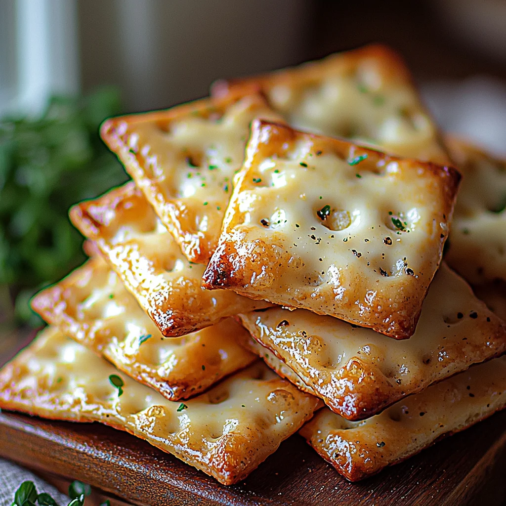 golden crispy cottage cheese crackers with visible herb flecks on rustic wooden board