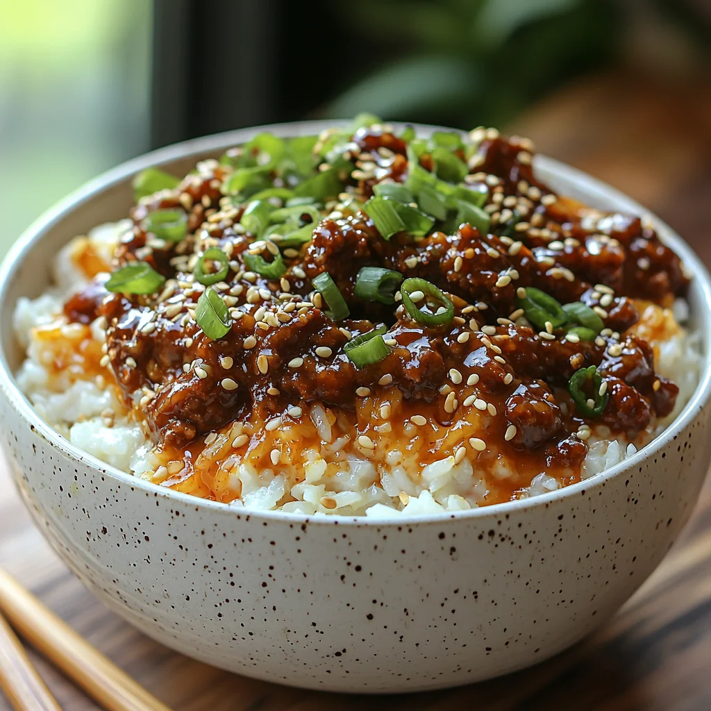 Korean ground beef bowl with glossy sauce, sesame seeds, and green onions over steamed rice
