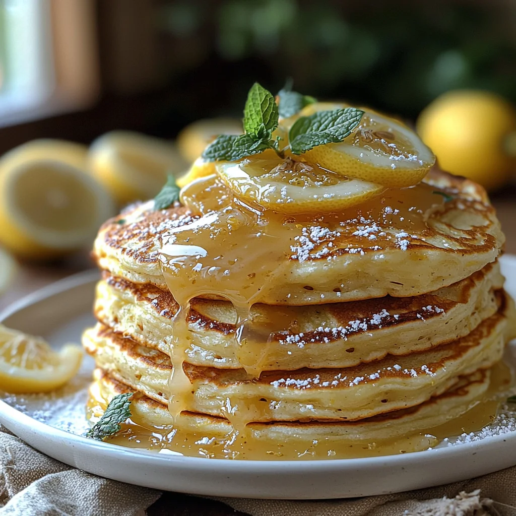 a close-up of lemon poppy seed pancakes drizzled with glossy lemon glaze, garnished with fresh lemon slices and powdered suga