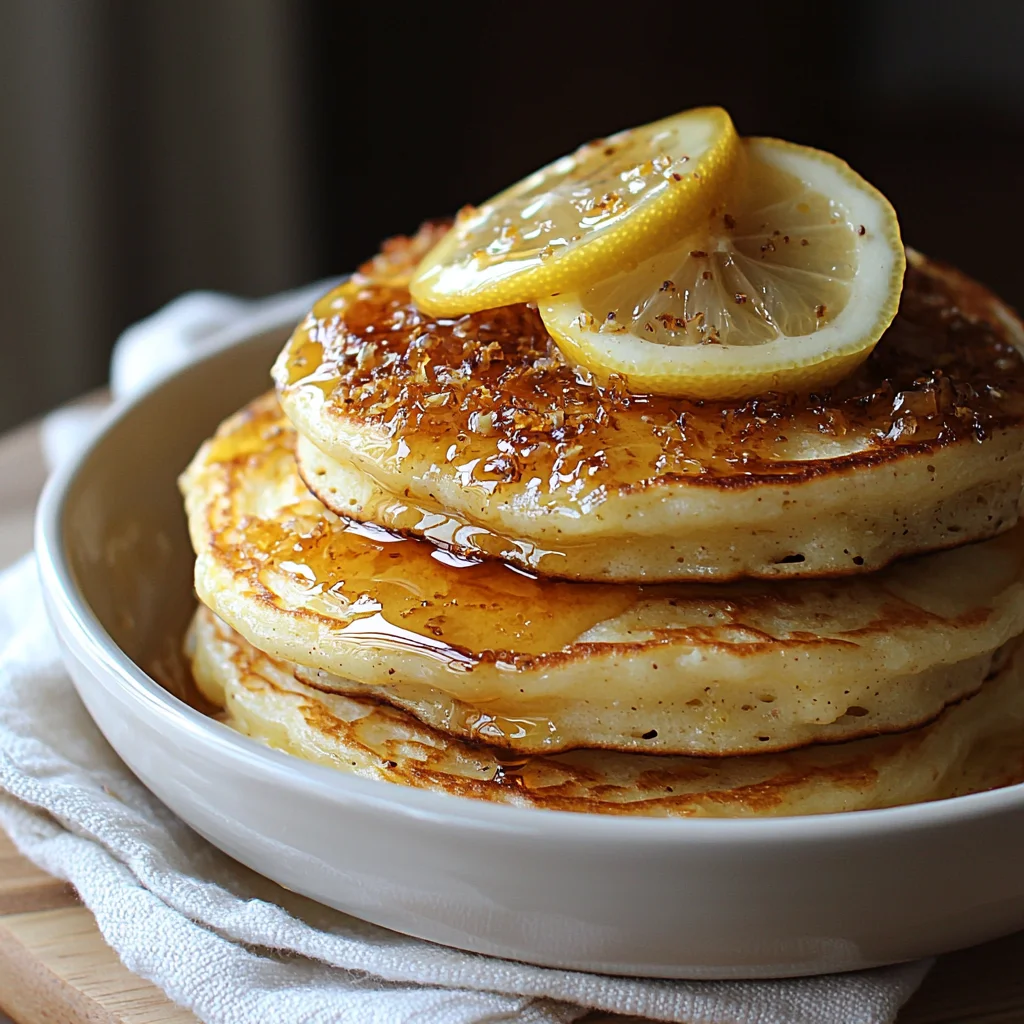 Fluffy lemon ricotta protein pancakes with golden edges and fresh berries on a white plate