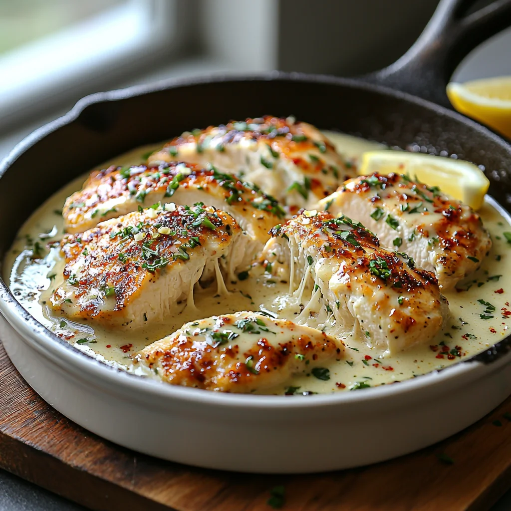 creamy marry me chicken with golden edges in white ceramic dish, topped with fresh herbs and glossy sauce coating tender pota