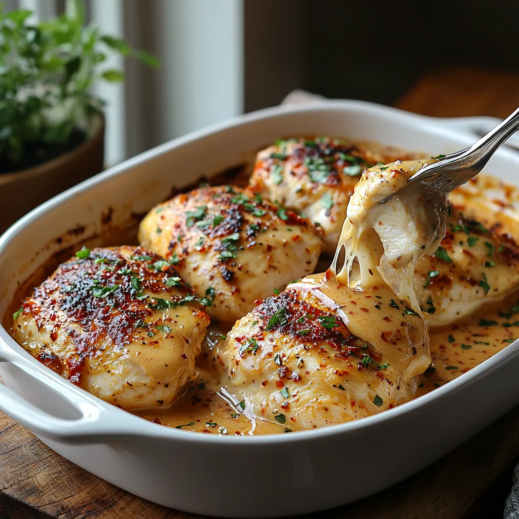 creamy marry me chicken with golden crust in white ceramic dish, fresh thyme garnish on rich sauce