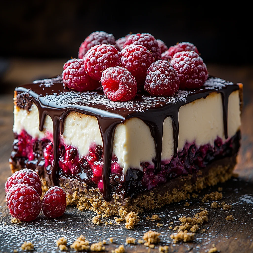 creamy no bake chocolate cheesecake with glossy ganache topping and fresh raspberries on a white plate