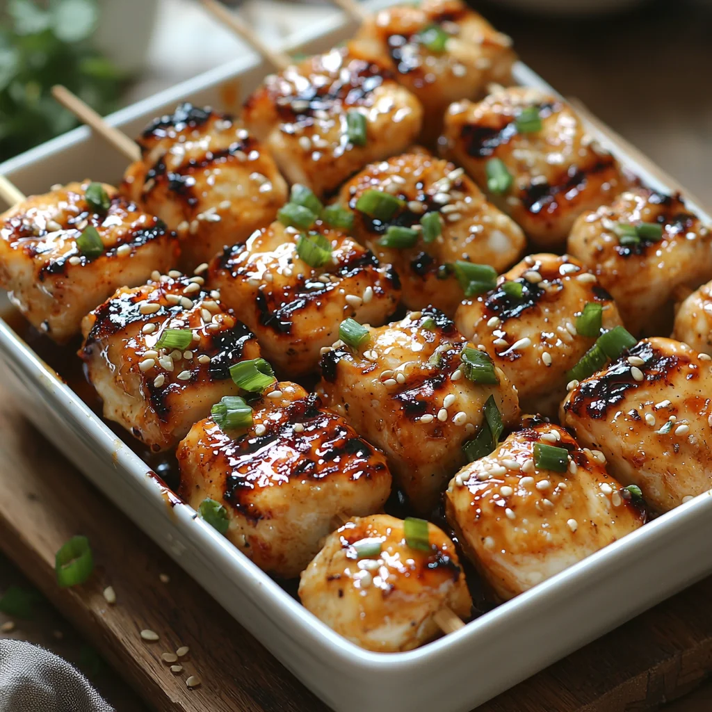 juicy grilled chicken skewers with charred edges and glistening marinade, served with fresh lemon wedges and herbs