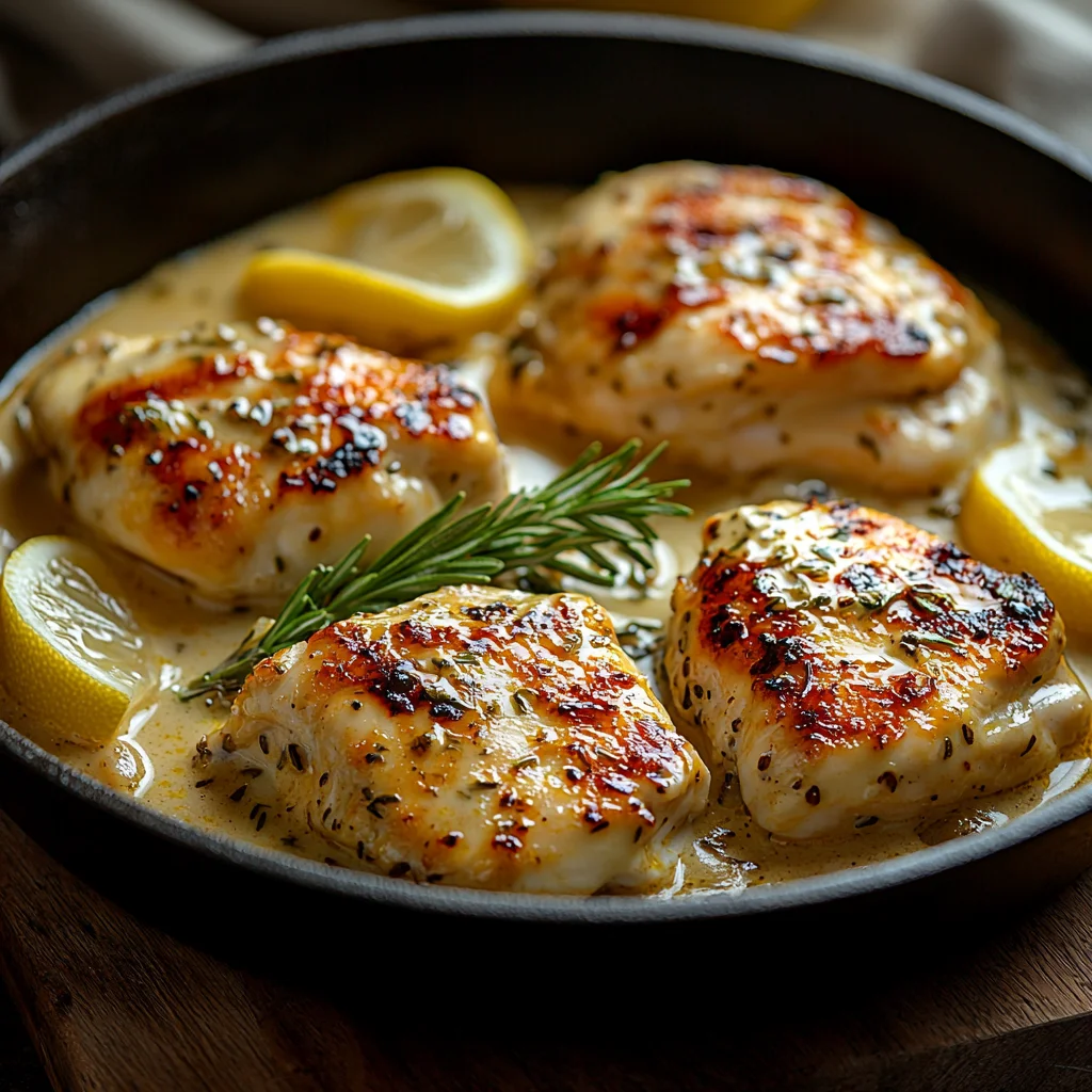 juicy skillet chicken with golden crispy skin and creamy herb sauce coating tender potatoes in a white ceramic dish