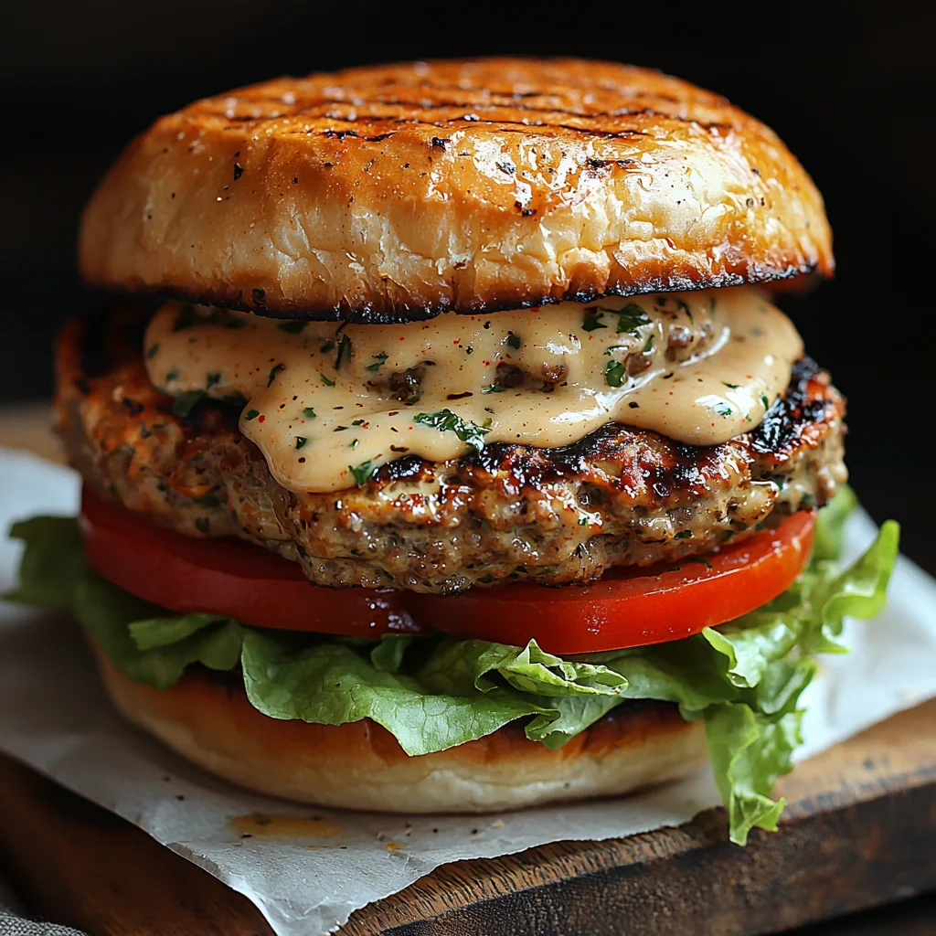 juicy turkey burgers with golden crust and melted cheese, topped with fresh herbs on a toasted bun