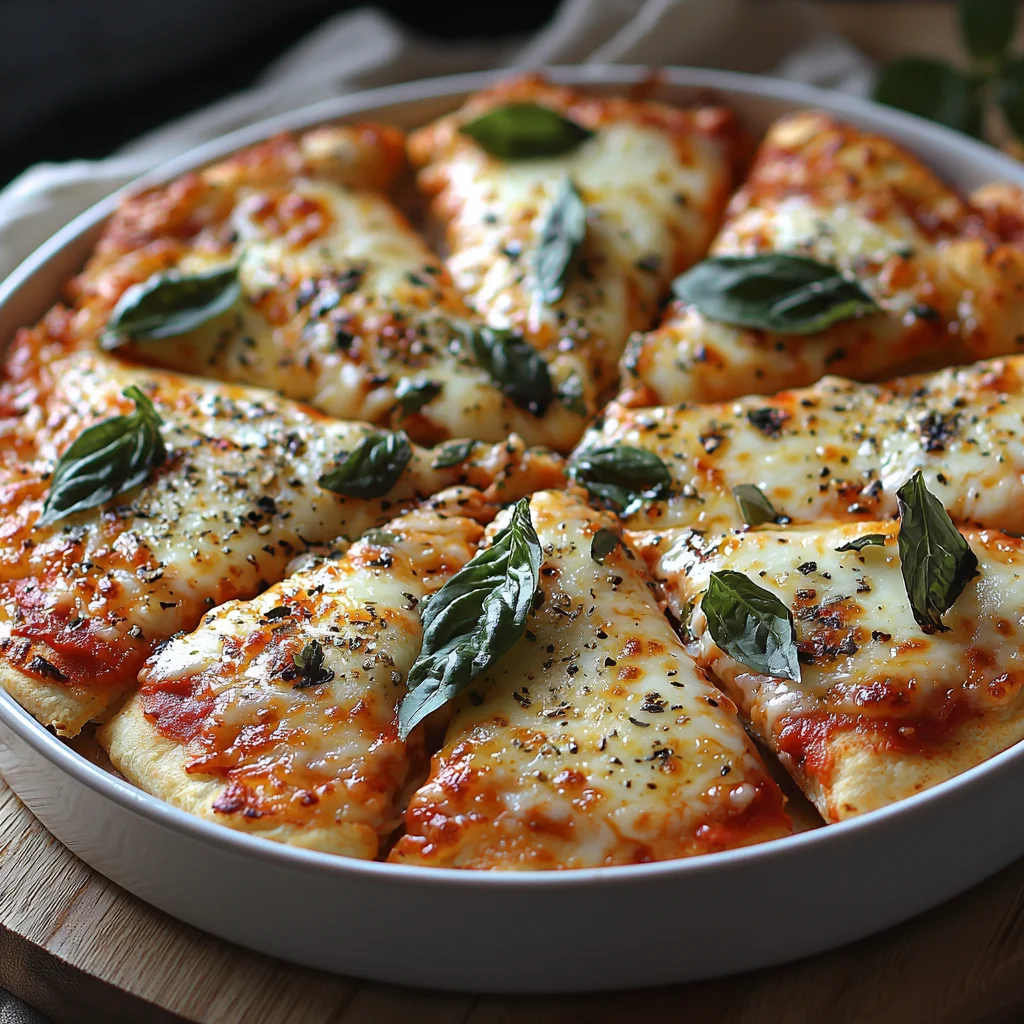 Pizza-style cottage cheese bake with golden edges, creamy tomato sauce, and melted mozzarella in a white ceramic dish