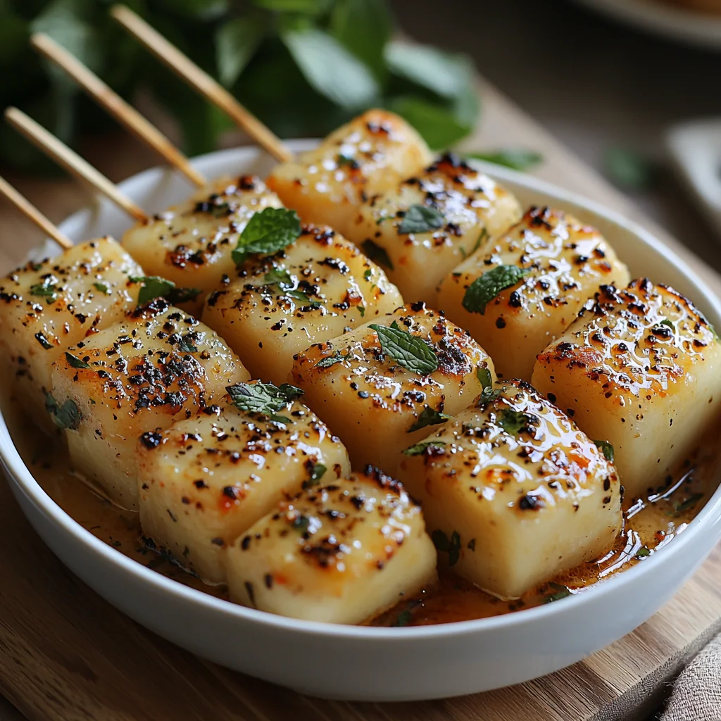 Prosciutto Melon Protein Skewers with creamy glossy sauce, golden edges, fresh herbs