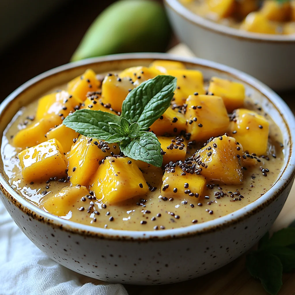 creamy mango coconut protein chia pudding in a white ceramic bowl, topped with fresh mango slices and coconut flakes