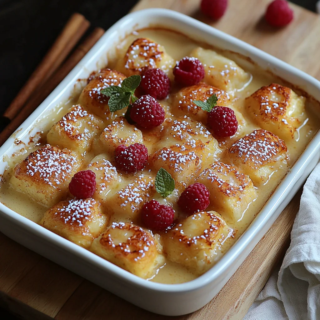 golden protein french toast casserole with glossy syrup drizzle and fresh herbs in a white ceramic dish