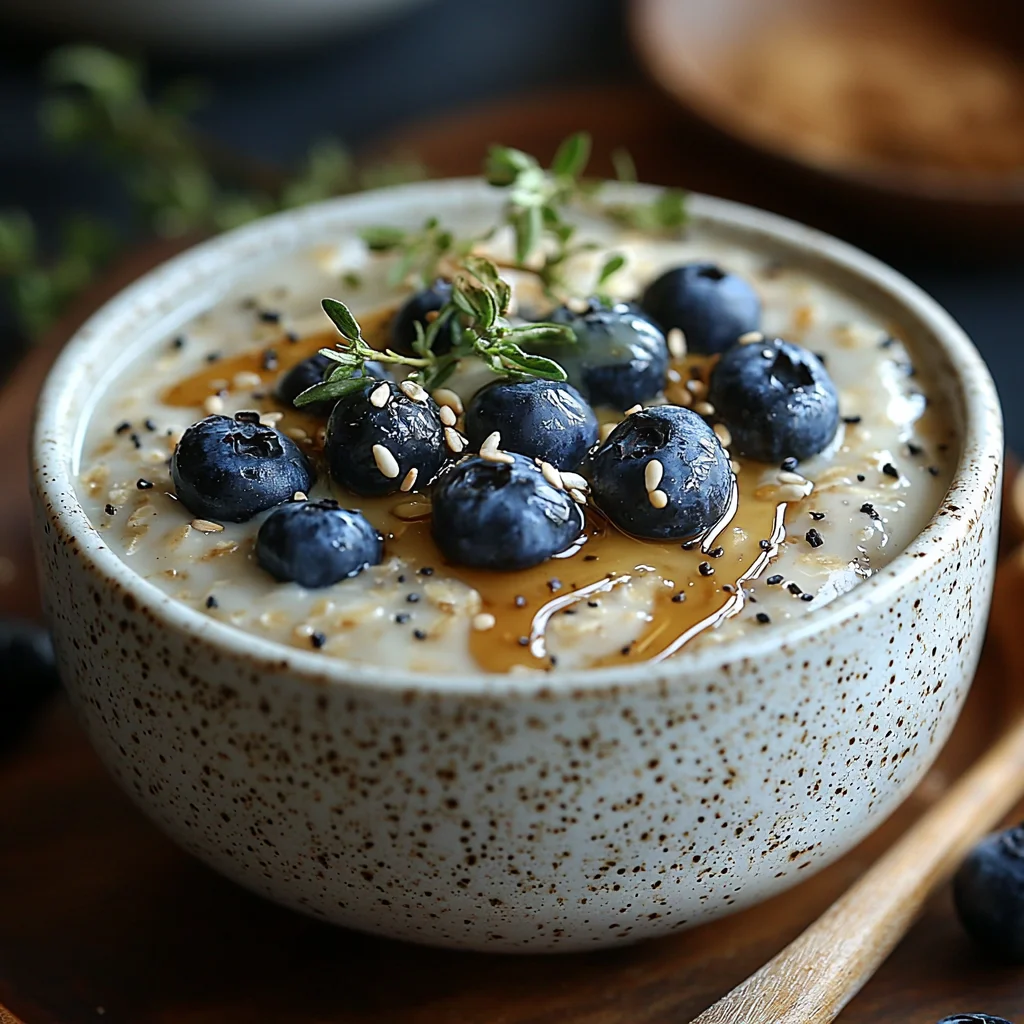 Creamy protein overnight oats topped with fresh berries, crunchy granola, and a drizzle of honey in a white ceramic bowl