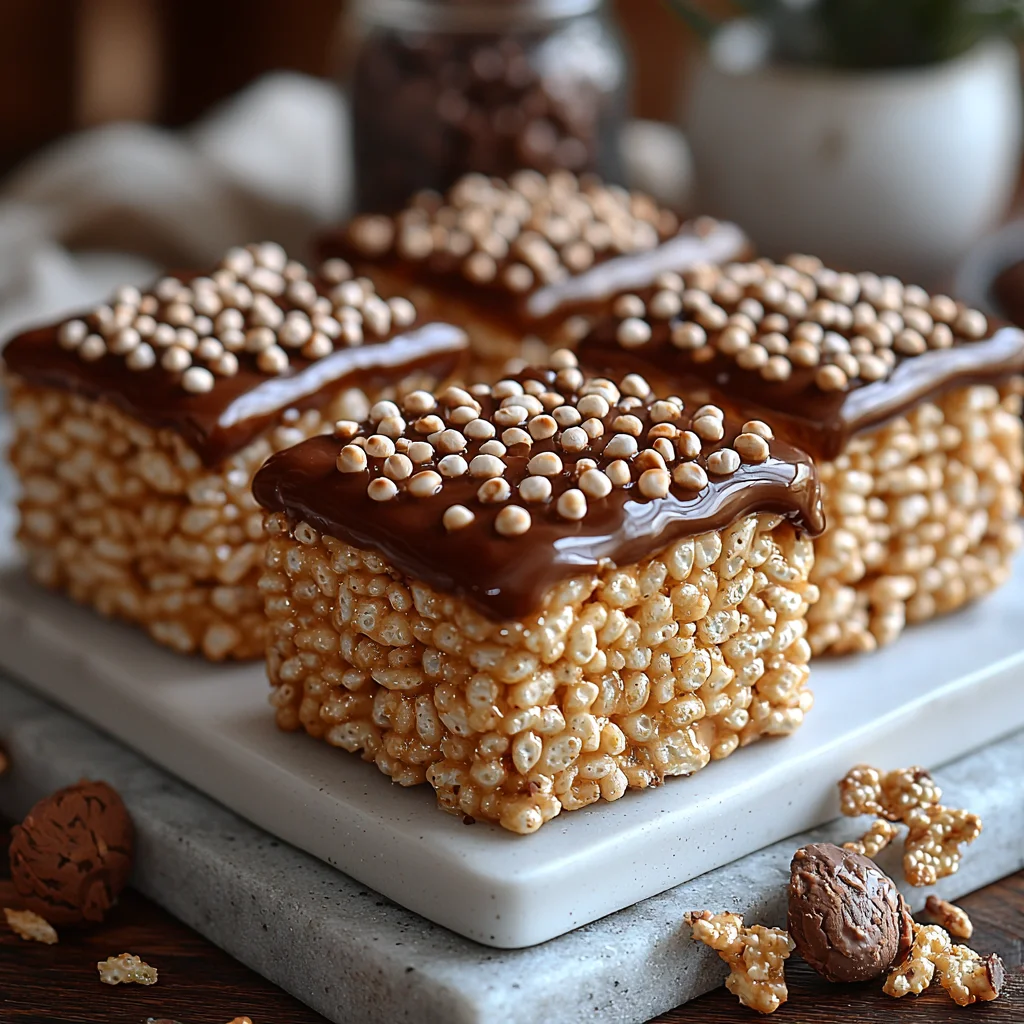 gooey protein rice krispie treats with golden crispy edges and melted marshmallow coating in a white ceramic dish