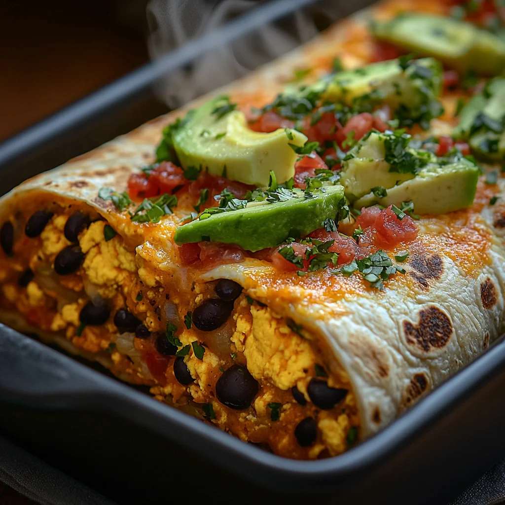 closeup of veggie breakfast burrito meal prep with melted cheese, roasted potatoes, and fresh herbs on a white plate