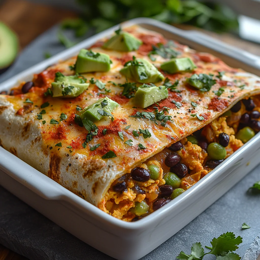golden veggie breakfast burrito meal prep with melted cheese, roasted potatoes, and fresh herbs on a white plate
