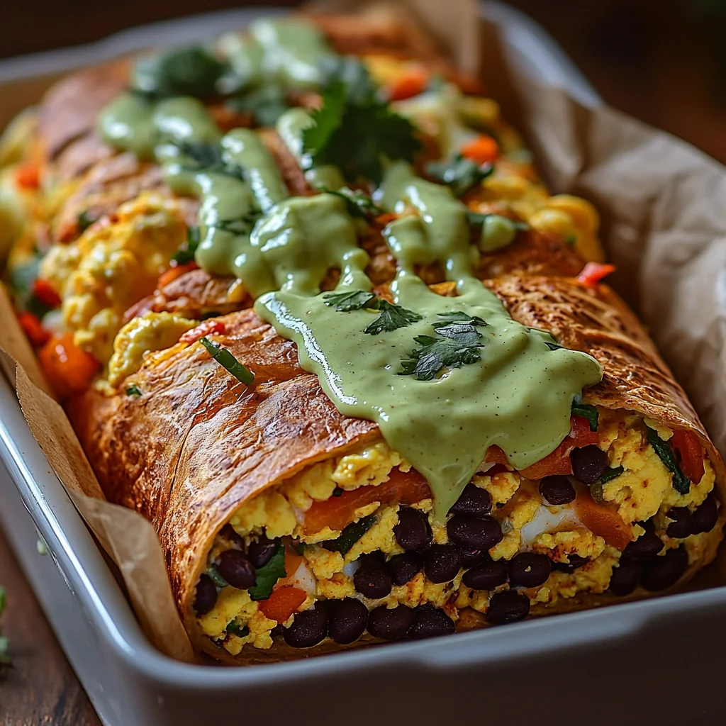 veggie breakfast burrito meal prep with melted cheese, roasted potatoes, and fresh herbs on a white plate