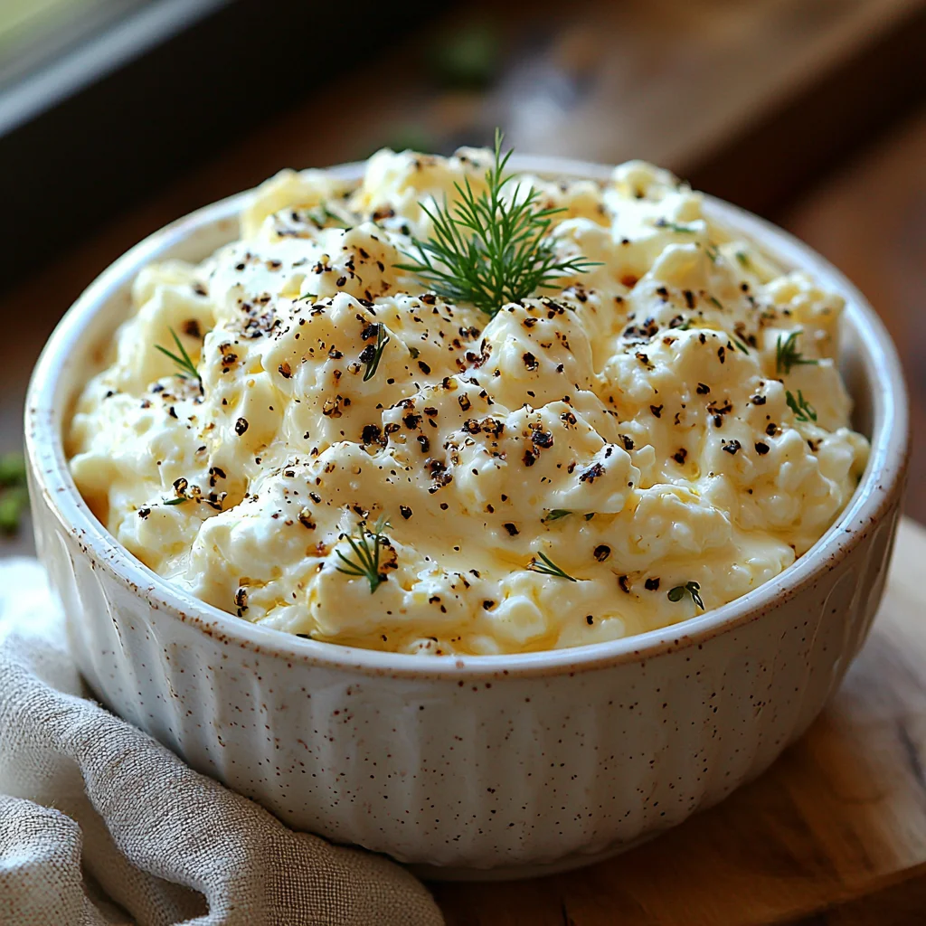 creamy whipped cottage cheese in white ceramic bowl with fresh dill garnish and cracked black pepper