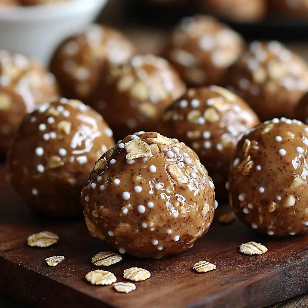 closeup of almond butter protein energy balls coated in creamy almond butter glaze with golden roasted edges and fresh herbs