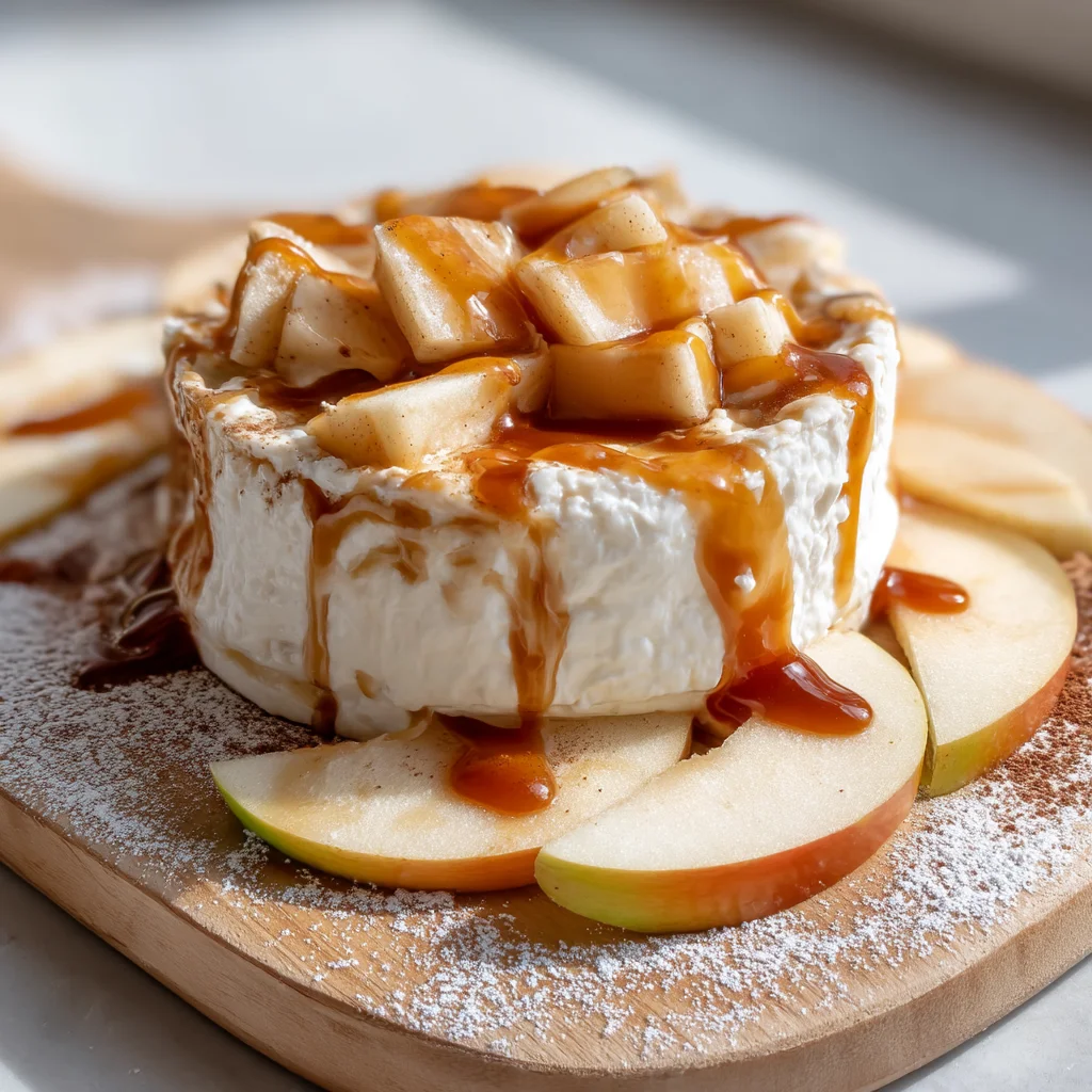 creamy apple cottage cheese caramel dip in white ceramic dish with glossy caramel drizzle and fresh apple slices