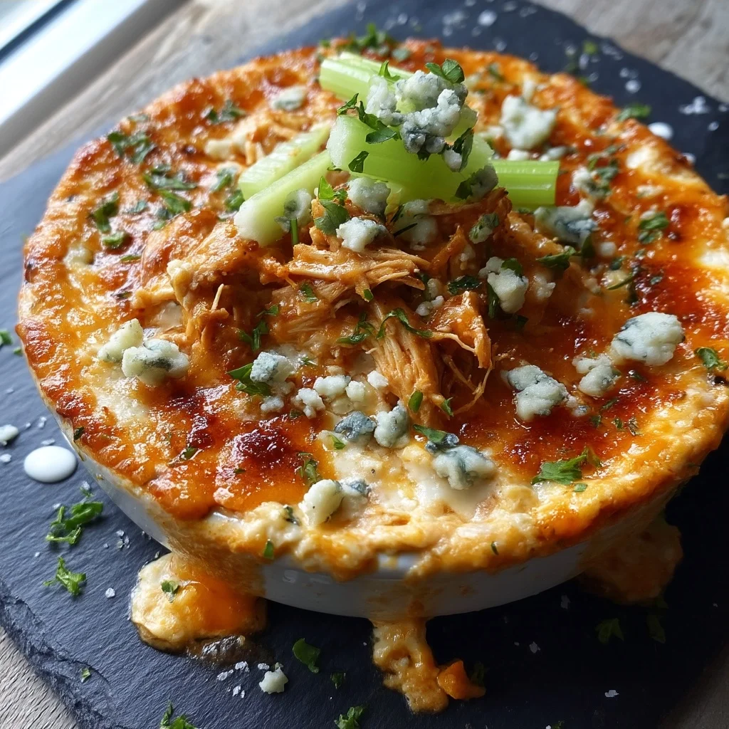 creamy buffalo chicken dip bubbling in ceramic dish with melted cheese and flecks of green onion