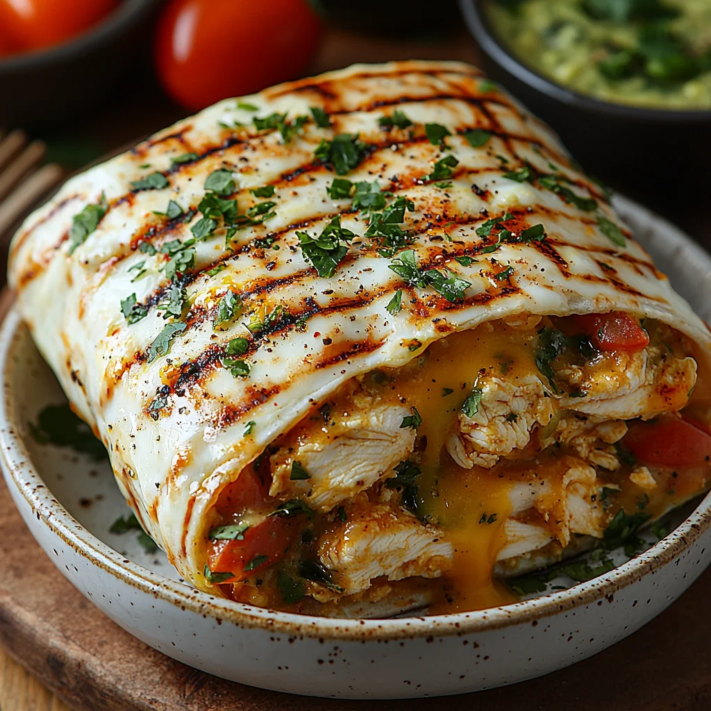 close-up of a chicken egg breakfast burrito with melted cheese, scrambled eggs, and golden roasted potatoes wrapped in a warm