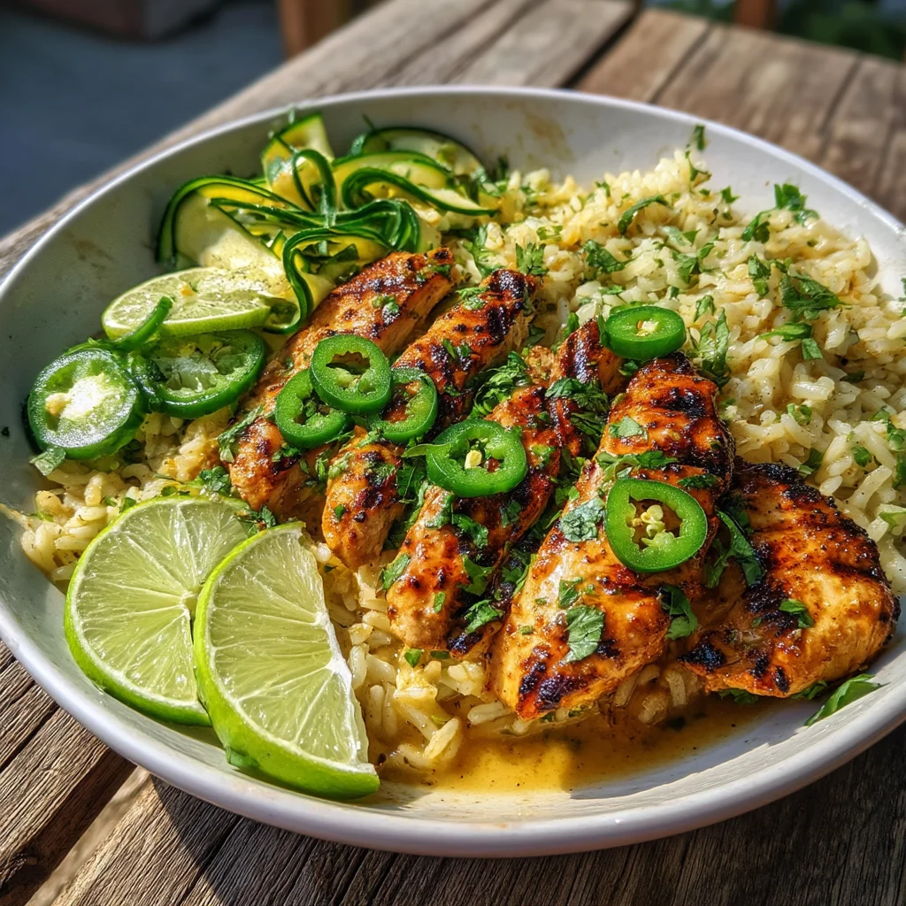cilantro lime chicken bowl with creamy sauce, golden roasted edges, and fresh herbs sprinkled on top