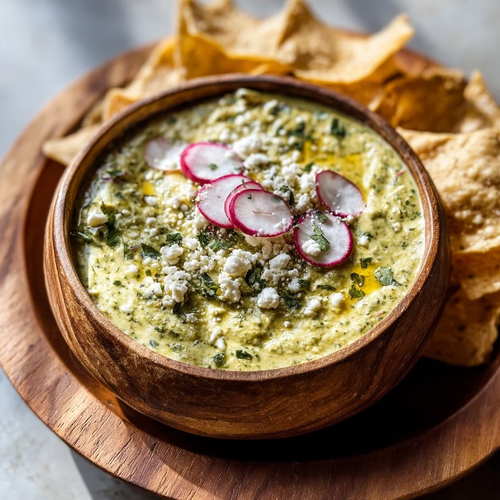 creamy salsa verde dip in a white ceramic dish with fresh herbs sprinkled on top, golden edges, and glossy sauce