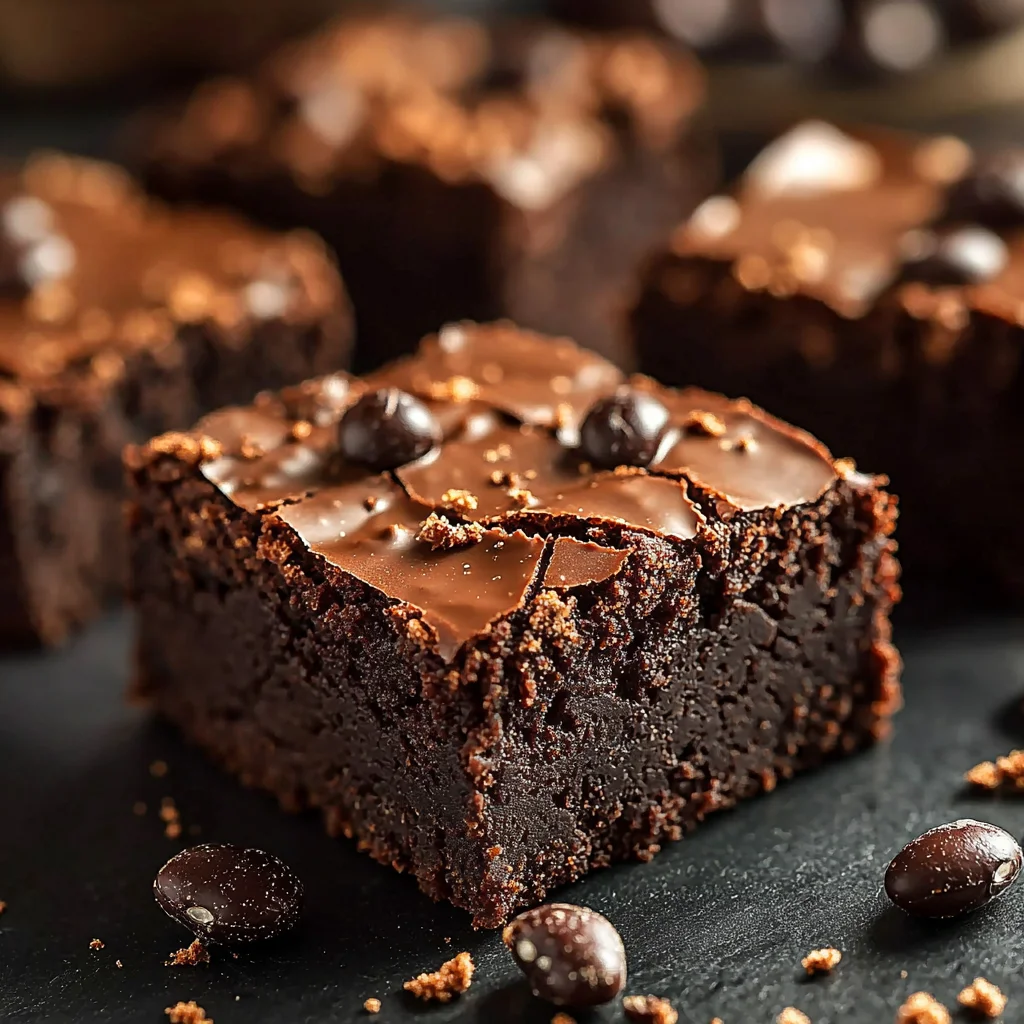 closeup of rich chocolate black bean protein brownies with glossy glaze and fresh raspberry garnish